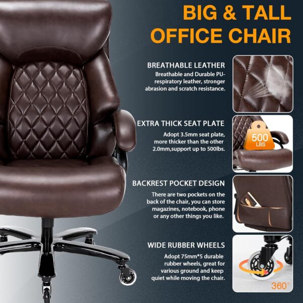 Big and Tall Office Chair for Heavy People, 500LBS High Back Extra Wide Heavy Duty Executive Office Chair Comfortable for Home Office, Large Computer Desk Chair with Adjustable Lumbar Support Brown - Image 5