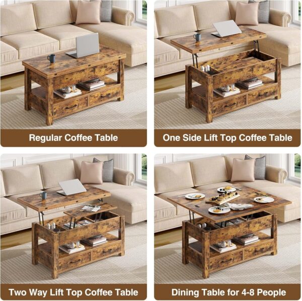 Rolanstar Coffee Table Lift Top, Multi-Function Convertible Coffee Table with Drawers and Hidden Compartment, Converts to Dining Table for Living Room, Home Office, Rustic Brown - Image 4