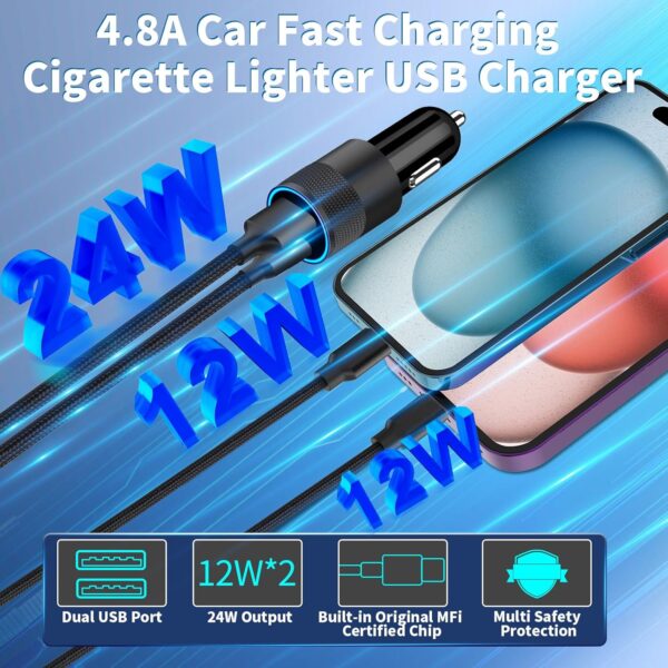 【MFi Certified】iPhone 16 Car Charger Fast Charging, BARMASO 4.8A USB Car Power Adapter USB-C Car Charger Cigarette Lighter with 2Pack Type-C Braided Cable for iPhone 16 Pro Max/15 Pro/Galaxy S24/Pixel - Image 5