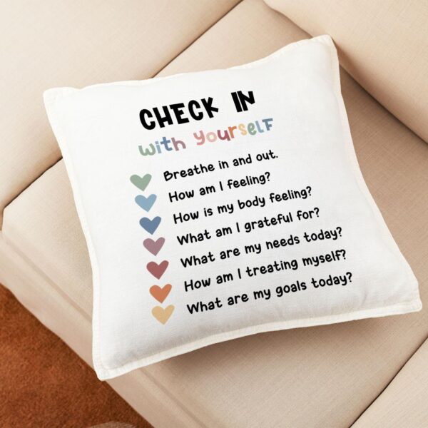 Mental Health Pillow Covers Check-In Feeling Pillowcase Psychotherapy Gifts for Women Positivity Recovery Self Care Decor for Sofa Couch Bedroom Calming Corner Home House, 18x18 Inches - Image 3