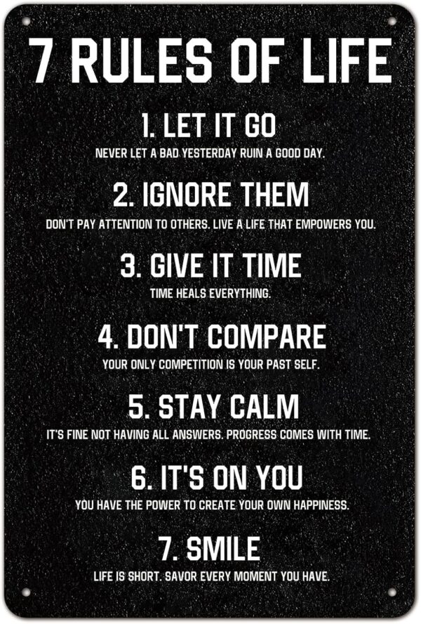 7 Rules of Life Motivational Sign - 8x12 Inch Aluminum Metal Wall Art for Home, Office, Classroom, Bedroom - Durable Inspirational Quote Decor for Men, Women, Teens (001)
