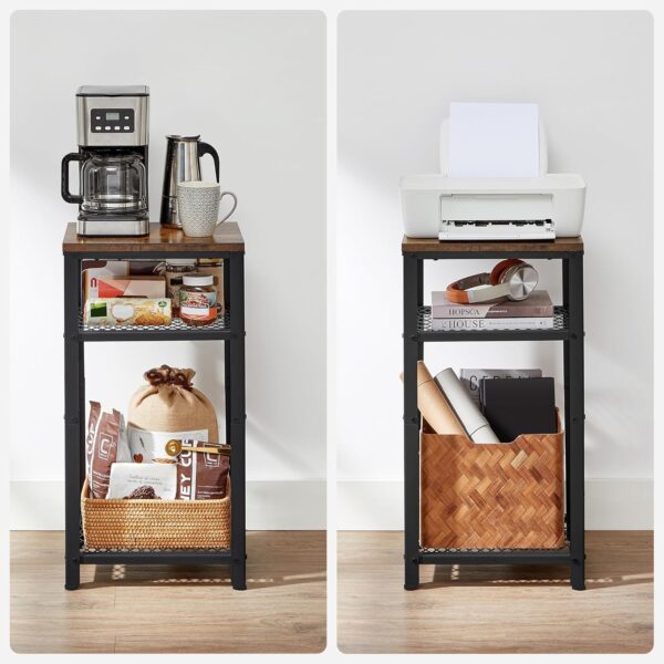 VASAGLE 3-Tier Tall Side Table, Small Telephone End Table Stand with 2 Mesh Storage Shelves for Office, Bedroom, Living Room, Kitchen Cart, Rustic Brown and Black - Image 8