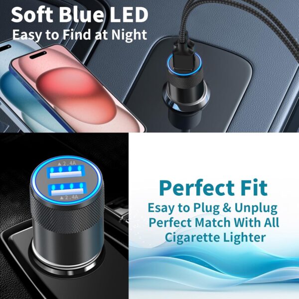 【MFi Certified】iPhone 16 Car Charger Fast Charging, BARMASO 4.8A USB Car Power Adapter USB-C Car Charger Cigarette Lighter with 2Pack Type-C Braided Cable for iPhone 16 Pro Max/15 Pro/Galaxy S24/Pixel - Image 7