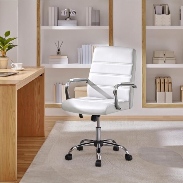 Yaheetech Office Desk Chair Mid-Back Leather Computer Chair Height Adjustable Ergonomic Executive Chair w/Lumbar Support Comfy Thick Padded Armrests and Seat, White - Image 2