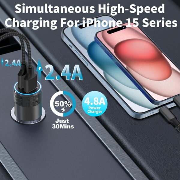 【MFi Certified】iPhone 16 Car Charger Fast Charging, BARMASO 4.8A USB Car Power Adapter USB-C Car Charger Cigarette Lighter with 2Pack Type-C Braided Cable for iPhone 16 Pro Max/15 Pro/Galaxy S24/Pixel - Image 9