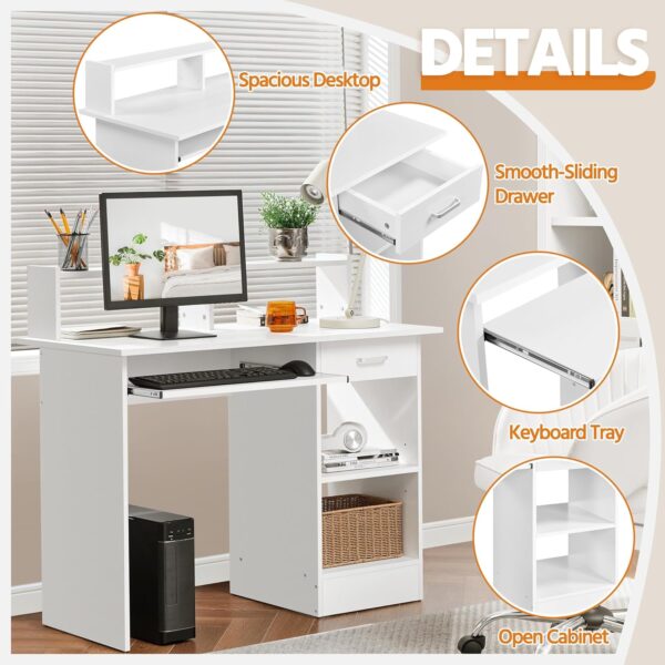 Yaheetech Home Office Wood Computer Desk with Keyboard Tray and Drawers, Students Writing Table with Storage Drawers & Hutch, Modern PC Laptop Desk, Multifunctional Workstation, White - Image 4