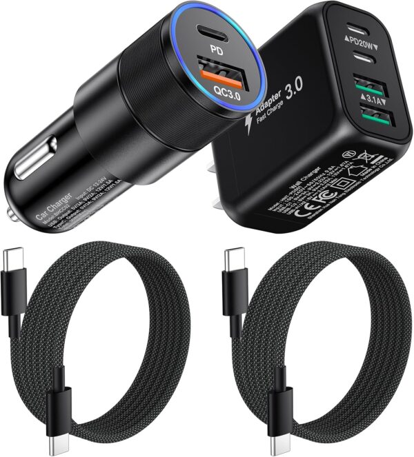 【4 in 1】 iPhone Car Charger, 38W Dual Port PD+QC3.0 Fast Charging Cigarette Lighter USB C Car Charger Adapter + 2Pack 6ft Braided USB C Cable + 40W Wall Charging Block for iPhone,iPad,Samsung,Tablet