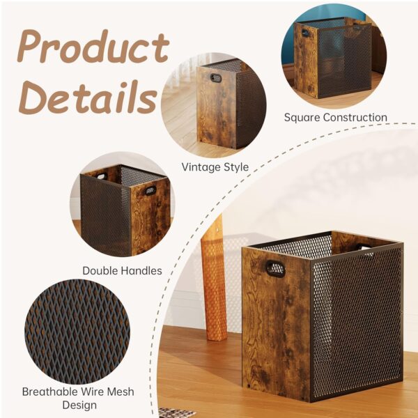 Retro Office Trash Can, Iron and Wood Combination Bedroom Garbage Can, Rectangular Design Wastebasket with Handle, Industrial Style Trash Can for Home Office, 4.5 Gallon (Patent Pending) - Image 6