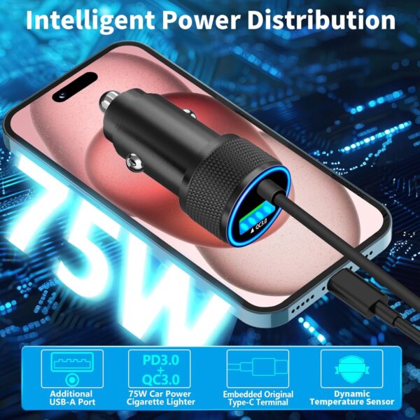 [Apple MFi Certified] iPhone 16 Car Charger Fast Charging, SDNCIE 75W USB-C PD&QC Car Power Cigarette Lighter USB Charger Adapter with 6FT Type-C Cable foriPhone 16 Pro Max/15 Pro/Galaxy S23/S22/Pixel - Image 3