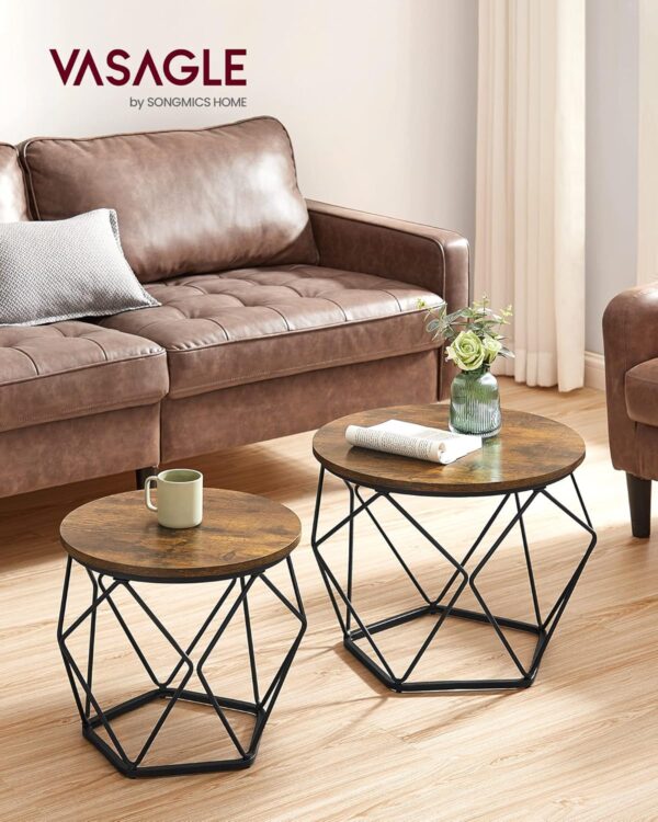 VASAGLE Small Coffee Table Set of 2, Round Coffee Table with Steel Frame, Side End Table for Living Room, Bedroom, Office, Rustic Brown and Ink Black - Image 2