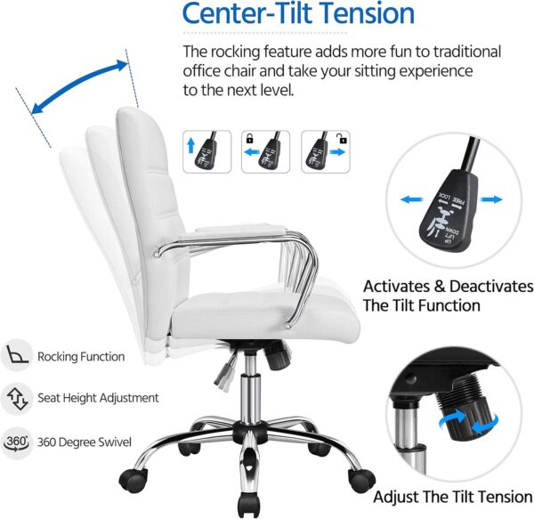 Yaheetech Office Desk Chair Mid-Back Leather Computer Chair Height Adjustable Ergonomic Executive Chair w/Lumbar Support Comfy Thick Padded Armrests and Seat, White - Image 9
