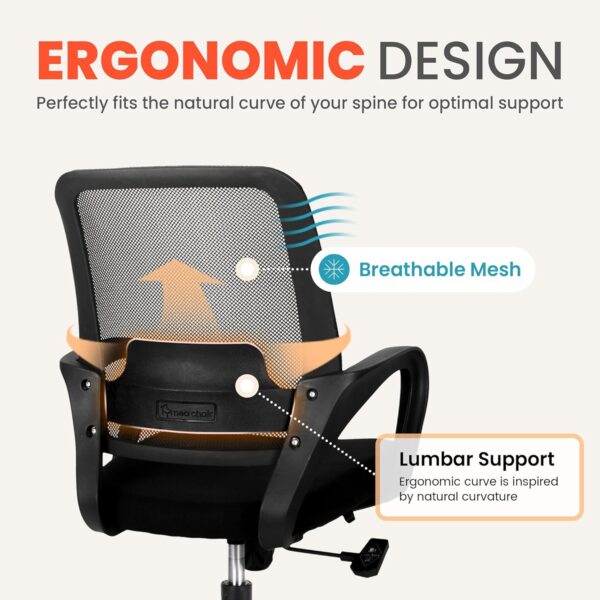 NEO CHAIR Office Desk Ergonomic Mesh Computer Chair with Lumbar Support Adjustable Height Swivel Rolling Wheels Comfy Mid Back Task Chair for Home Bedroom Vanity Study (Black) - Image 3