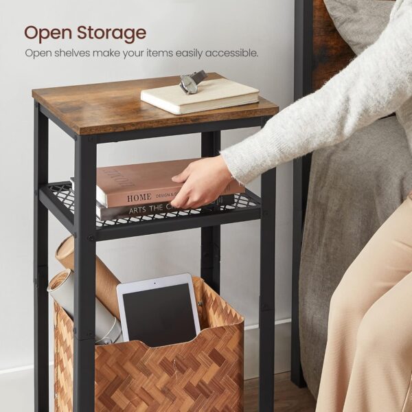 VASAGLE 3-Tier Tall Side Table, Small Telephone End Table Stand with 2 Mesh Storage Shelves for Office, Bedroom, Living Room, Kitchen Cart, Rustic Brown and Black - Image 5