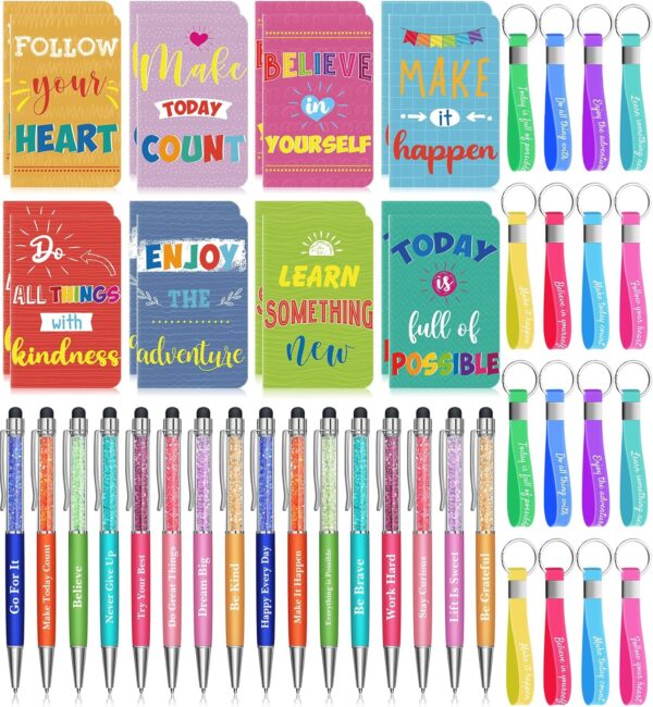 PerKoop 48 Pcs Inspirational Gifts Set Inspirational Quote Notepads 3 x 5 Inch Motivational Ballpoint Pens Keychains Bulk Cute Colorful Journal Notebooks for School Office Party Favor Supplies