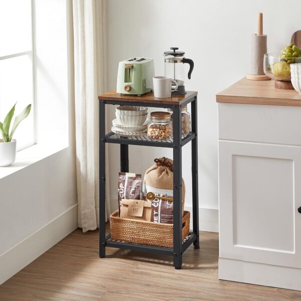 VASAGLE 3-Tier Tall Side Table, Small Telephone End Table Stand with 2 Mesh Storage Shelves for Office, Bedroom, Living Room, Kitchen Cart, Rustic Brown and Black - Image 2