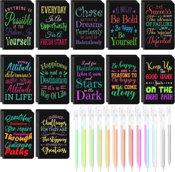 24 Pcs Mini Inspirational Notebooks Bulk with 24 Pcs Colorful Pens, Small Pocket Journal Notepads Set, Motivational Bulk Gifts for Women Men Teacher Student Kids, Fun School Office Supplies,3.5"x5.5"