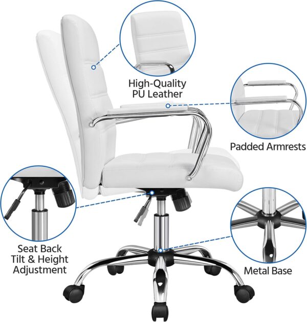 Yaheetech Office Desk Chair Mid-Back Leather Computer Chair Height Adjustable Ergonomic Executive Chair w/Lumbar Support Comfy Thick Padded Armrests and Seat, White - Image 5