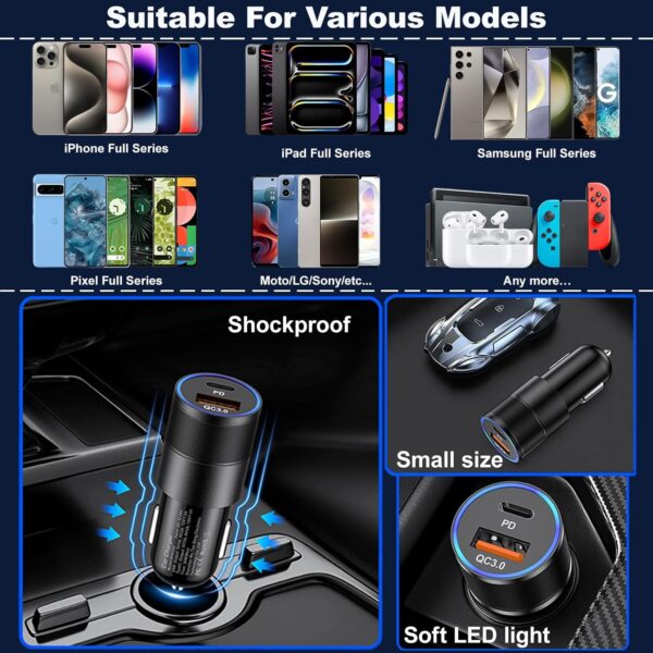 【4 in 1】 iPhone Car Charger, 38W Dual Port PD+QC3.0 Fast Charging Cigarette Lighter USB C Car Charger Adapter + 2Pack 6ft Braided USB C Cable + 40W Wall Charging Block for iPhone,iPad,Samsung,Tablet - Image 4