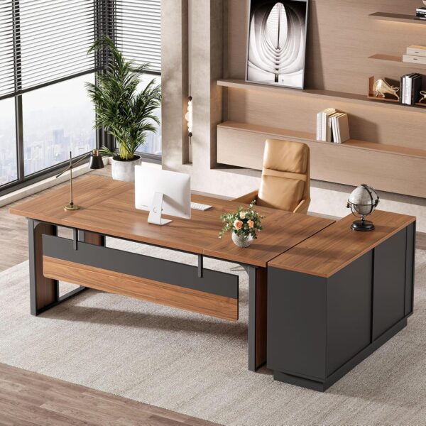 Tribesigns 63-Inch Executive Desk, L-Shaped Office Table with 47-Inch File Cabinet, Large Computer Desk with Storage Drawers and Shelves, Wood Business Furniture Set for Home Office, Brown and Black - Image 8