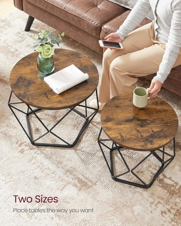 VASAGLE Small Coffee Table Set of 2, Round Coffee Table with Steel Frame, Side End Table for Living Room, Bedroom, Office, Rustic Brown and Ink Black - Image 8