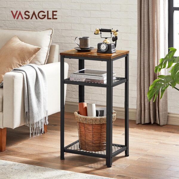 VASAGLE 3-Tier Tall Side Table, Small Telephone End Table Stand with 2 Mesh Storage Shelves for Office, Bedroom, Living Room, Kitchen Cart, Rustic Brown and Black - Image 4
