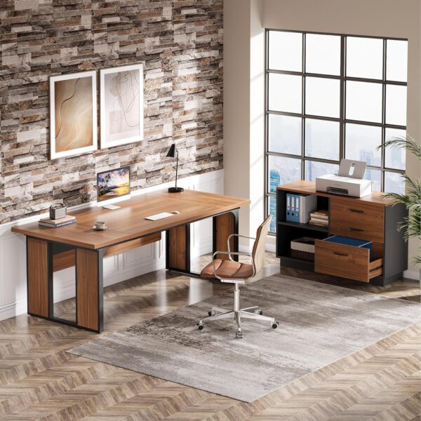 Tribesigns 63-Inch Executive Desk, L-Shaped Office Table with 47-Inch File Cabinet, Large Computer Desk with Storage Drawers and Shelves, Wood Business Furniture Set for Home Office, Brown and Black - Image 5