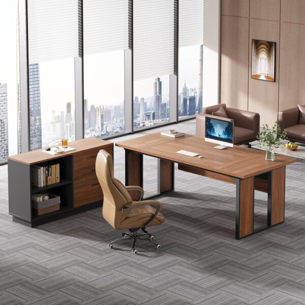 Tribesigns 63-Inch Executive Desk, L-Shaped Office Table with 47-Inch File Cabinet, Large Computer Desk with Storage Drawers and Shelves, Wood Business Furniture Set for Home Office, Brown and Black - Image 3