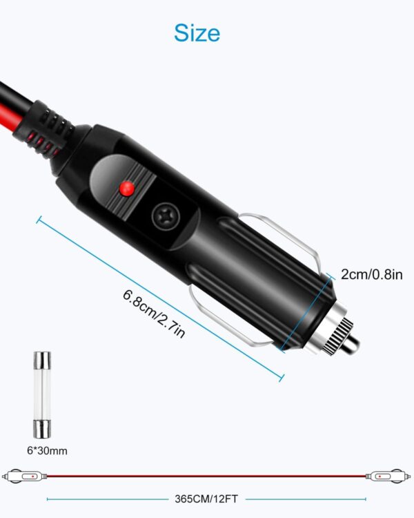ALITOVE 12AWG 12FT Male to Male Cigarette Lighter Plug Charger Cord 30A Heavy Duty 12V 24V Double Male Cigarette Adapter Cable with Two Fuses for Portable Power Station Jump BoxVehicle Applacation - Image 2