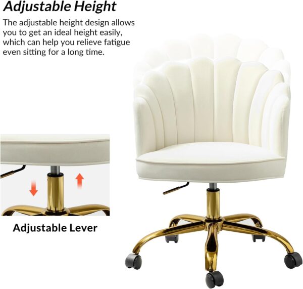 HULALA HOME Velvet Home Office Desk Chair with Gold Base, Adjustable Swivel Task Chair for Vanity, Women's Modern Cute Shell Back Upholstered Design, for Living Room, Ivory - Image 5