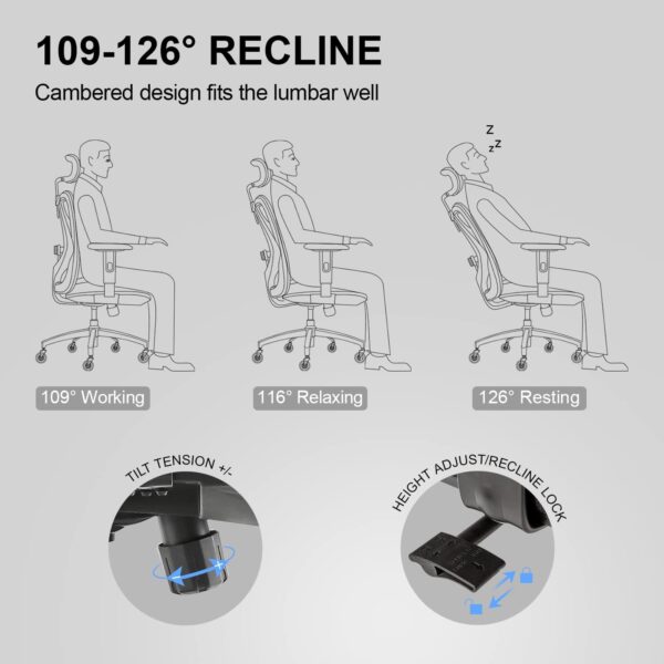 Ergonomic Office Chair, Mesh Computer Desk Chair with Adjustable Sponge Lumbar Support, Thick Cushion, PU Armrest and Headrest, High Back Swivel Home Office Task Chair for Work (Black)… - Image 7