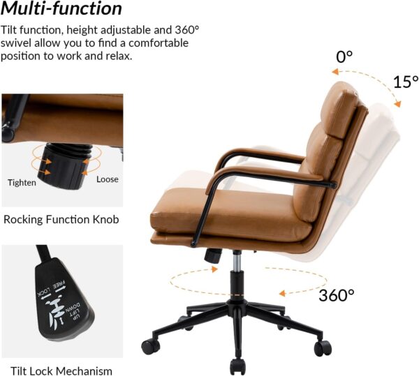 HULALA HOME Modern Faux Leather Home Office Chair with Tilt Lock & Metal Base, Desk Chair with Wheels & Padded Cushion, 360° Swivel Wide Seat Computer Task Chair, Camel - Image 4