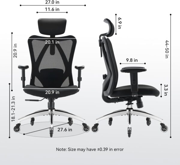 Ergonomic Office Chair, Mesh Computer Desk Chair with Adjustable Sponge Lumbar Support, Thick Cushion, PU Armrest and Headrest, High Back Swivel Home Office Task Chair for Work (Black)… - Image 2