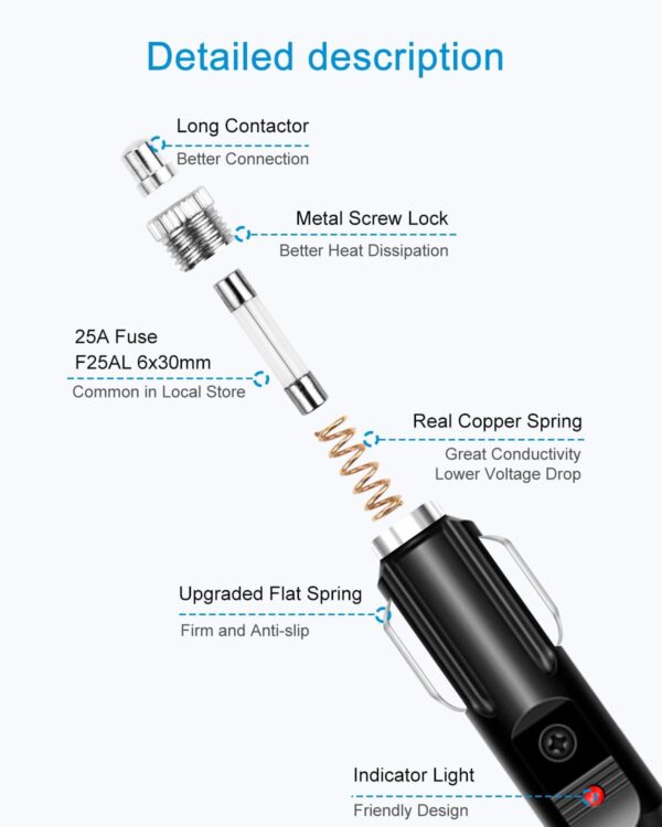 ALITOVE 12AWG 12FT Male to Male Cigarette Lighter Plug Charger Cord 30A Heavy Duty 12V 24V Double Male Cigarette Adapter Cable with Two Fuses for Portable Power Station Jump BoxVehicle Applacation - Image 4