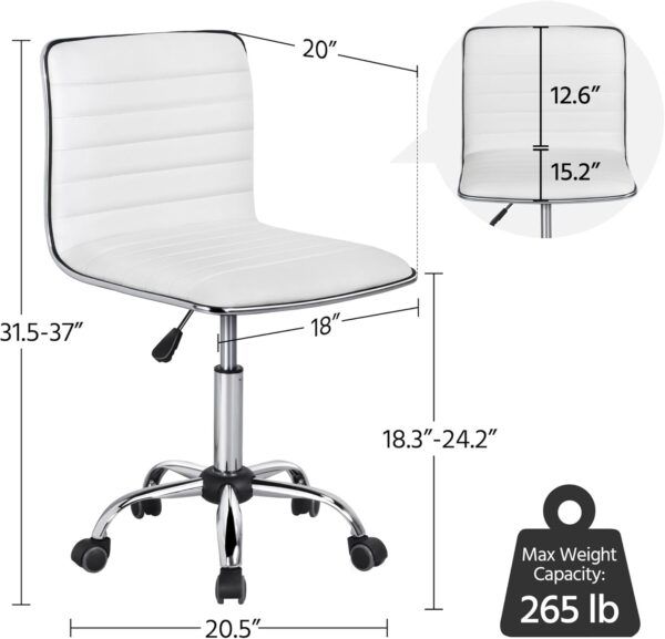 Yaheetech Adjustable Task Chair PU Leather Low Back Ribbed Armless Swivel White Desk Chair Office Chair Wheels - Image 3