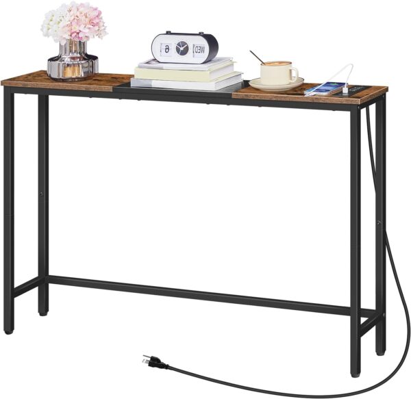 HOOBRO Narrow Console Table with Power Outlets, 44.9-Inch Sofa Table, Slim Behind Couch Table, Entryway Display Shelf, for Living Room, Foyer, Hallway, Rustic Brown and Black BF114UXG01 - Image 8