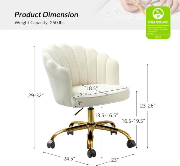 HULALA HOME Velvet Home Office Desk Chair with Gold Base, Adjustable Swivel Task Chair for Vanity, Women's Modern Cute Shell Back Upholstered Design, for Living Room, Ivory - Image 2