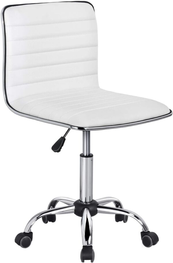 Yaheetech Adjustable Task Chair PU Leather Low Back Ribbed Armless Swivel White Desk Chair Office Chair Wheels
