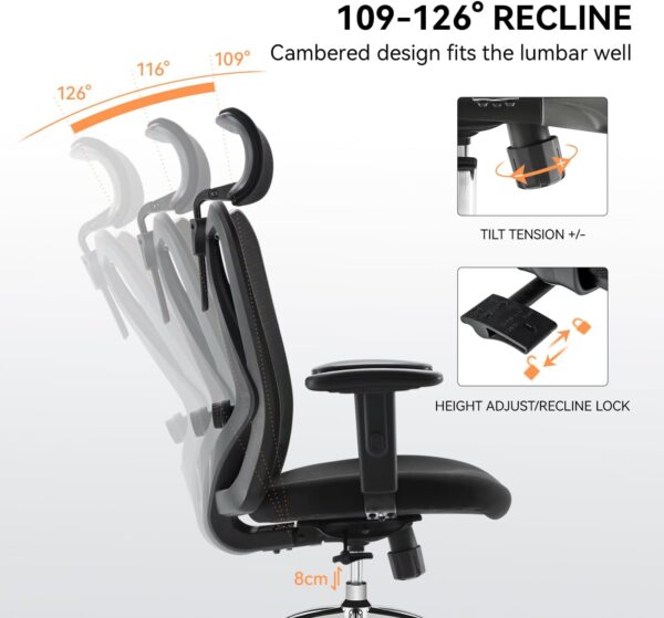 Ergonomic Office Chair, Mesh Computer Desk Chair with Adjustable Sponge Lumbar Support, Thick Cushion, PU Armrest and Headrest, High Back Swivel Home Office Task Chair for Work (Black)… - Image 6