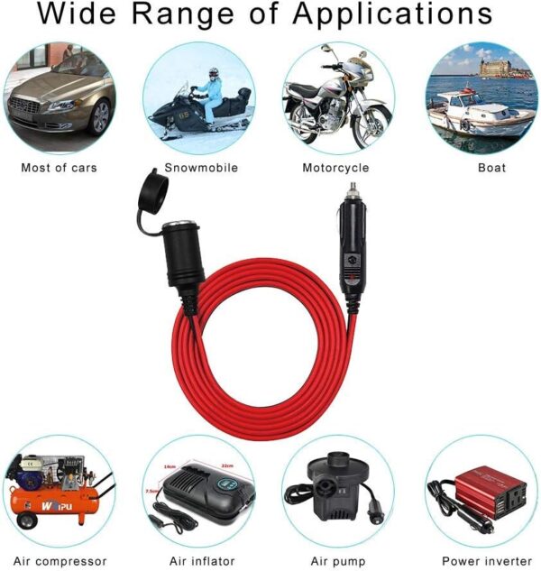 SPARKING 6FT Car Cigarette Lighter Extension Cord - Male Plug to Female Socket 16AWG Heavy Duty Cable With LED Lights for Tire Pump, Air Compressor - Image 6