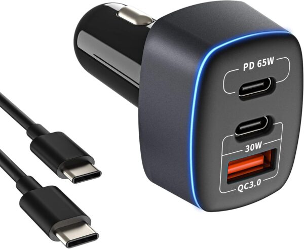 USB C Car Charger 95W, 3-Port PD 65W PPS 55W QC3.0 30W Fast Car Charger for iPhone 14/13/12/11 Pro Max, Samsung Galaxy, Google Pixel, MacBook/Laptop/iPad, Cigarette Lighter Adapter with Type-C Cable