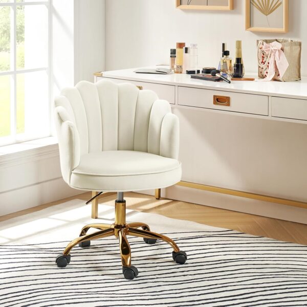 HULALA HOME Velvet Home Office Desk Chair with Gold Base, Adjustable Swivel Task Chair for Vanity, Women's Modern Cute Shell Back Upholstered Design, for Living Room, Ivory - Image 7