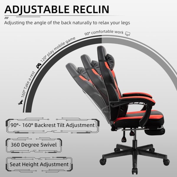 Shintenchi Gaming Chair,Video Game Chair with footrest and Massage Lumbar Support,Height Adjustable Game Chair with 360°Swivel Seat Ergonomic Computer Chair with Headrest for Office or Gaming(Red) - Image 7