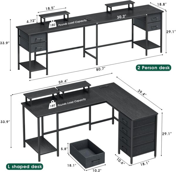 59 inch L Shaped Computer Desk with Power Outlets, Home Office Desk with 4 Adjustable Storage Drawers & 2 Monitor Stands, Two Person Gaming Table for Bedroom, Black - Image 3