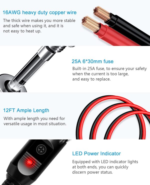 ALITOVE 12AWG 12FT Male to Male Cigarette Lighter Plug Charger Cord 30A Heavy Duty 12V 24V Double Male Cigarette Adapter Cable with Two Fuses for Portable Power Station Jump BoxVehicle Applacation - Image 3