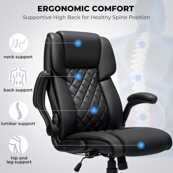 Big and Tall Office Chair 450lbs Heavy Duty Ergonomic Executive Desk Chair with Adjustable Lumbar Support High Back Home Computer Leather Chair with Padded Flip-up Arms for Heavy People Black - Image 7