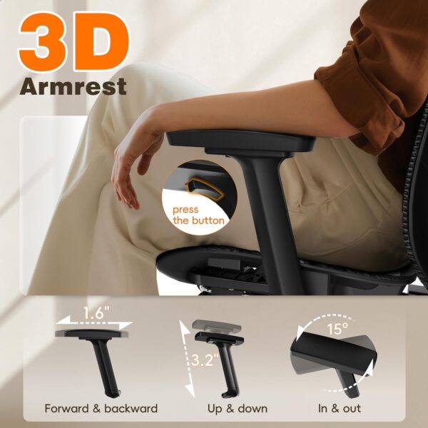 GABRYLLY Ergonomic Office Chair with Adjustable Lumbar Support, 3D Armrests & Headrest, 135° Reclining Chair with Footrest & Large Steel Base,300LBS Swivel Desk Chair(GYMN01) - Image 6
