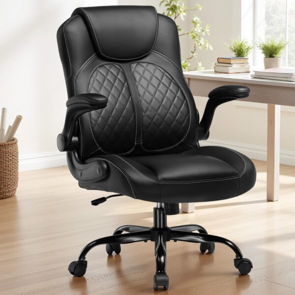 GTPLAYER Office Chair with Flip-Up Armrests, Ergonomic Desk Chair with Rocking Function, Adjustable Height, High-Density Foam Seat, Executive Computer Chair for Home Office (Black)