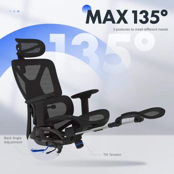 FLEXISPOT ErgoX Premium Ergonomic Office Chair with Footrest- Adjustable 3D Armrests, Dynamic Lumbar Support, Recline & Tilt Function, Mesh Seat, for Home & Office Use,Black - Image 6