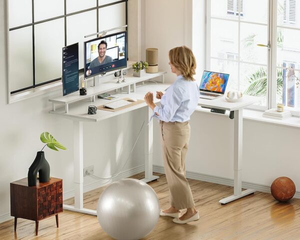AODK Electric L-Shaped Standing Desk, 59 Inch Height Adjustable Office Desk with Monitor Stand, Sit-Stand Desk with Power Outlets, Large Lift Table for Home, Office, Workstation, White - Image 7