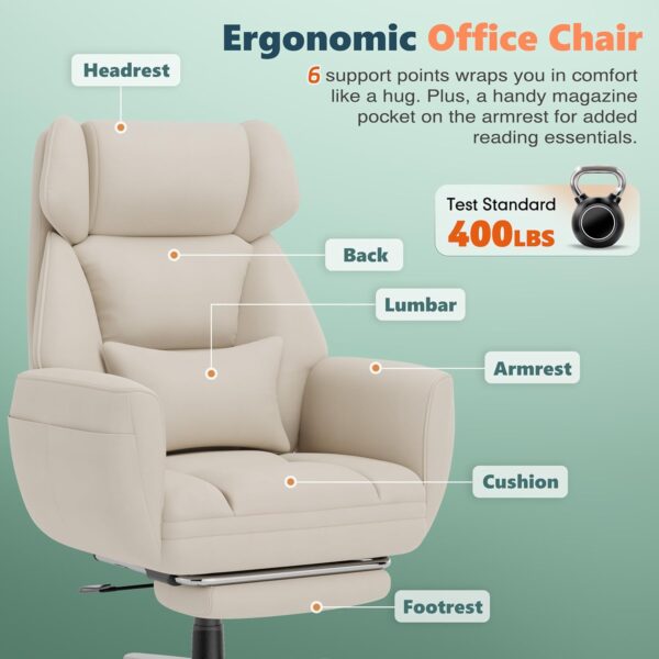 GABRYLLY Office Criss Cross Chair with Footrest, Big and Tall Executive Chair with Wide Seat,Reversible Armrest,Wheels, Lumbar Pillow and 120°Tilt,Computer Desk Chair for Gaming,Meditation,Ivory - Image 8